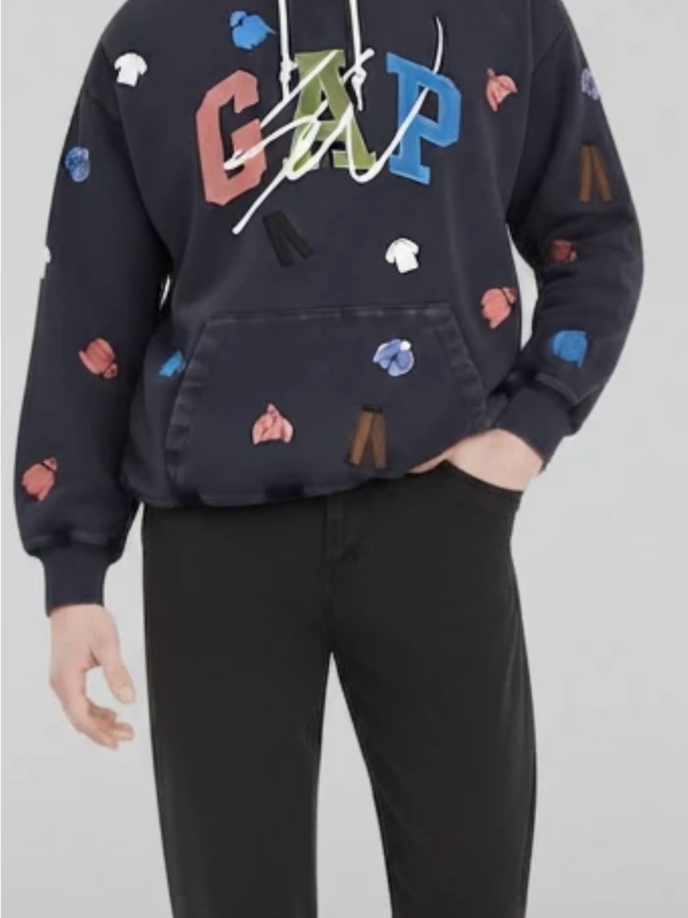 GAP x Sean Witherspoon distressed Navy Hoodie with Multicolor embroidered Prints
